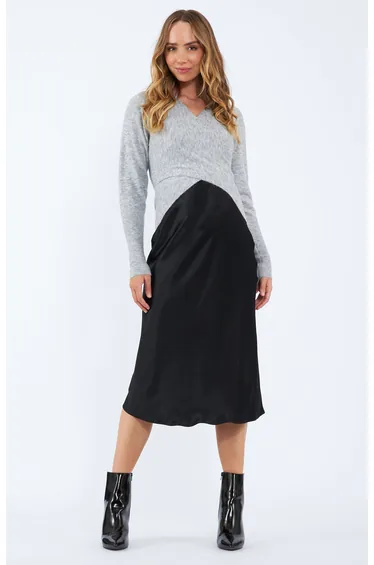 تنورة ساتان بأحجار كريستال لون أسود - للحوامل