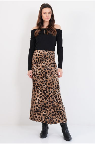 Women's Brown Leopard Patterned Zippered Midi Length Satin Skirt