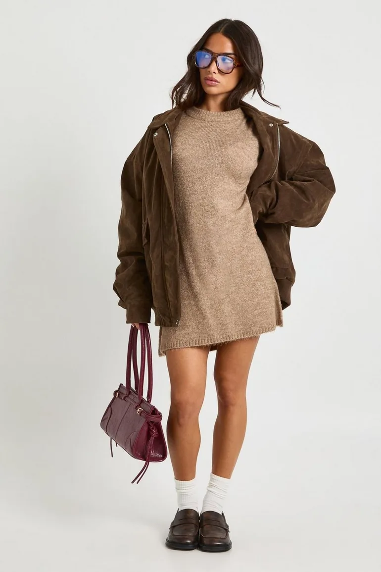 Petite Crew Neck Flared Sleeve Knitted Mini Dress - taupe Boohoo : Dresses  : VogaCloset Oman
