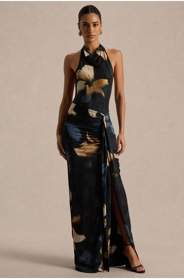 Sunflower | Dark Lily Print High-Neck Maxi Dress With Front-High Split