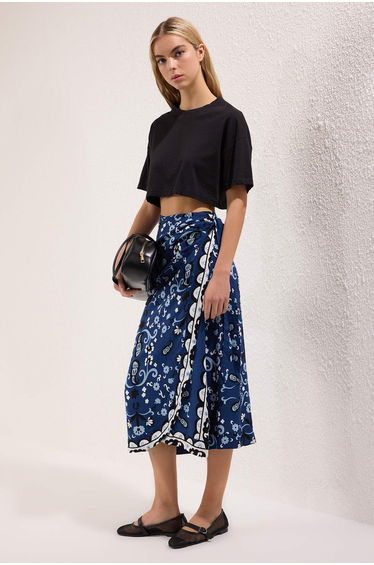 Blue Ethnic Patterned Double Breasted Viscose Skirt