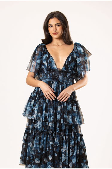 Jasmine Soft Tulle Maxi Dress in Blue Floral