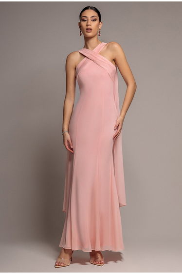 Cross Front Scarf Back Chiffon Mermaid Maxi Dress - Blush Pink by Goddiva