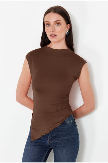Brown Stand Collar with Gather/Drape Detail Fitted/Asymmetrical Knitted Blouse