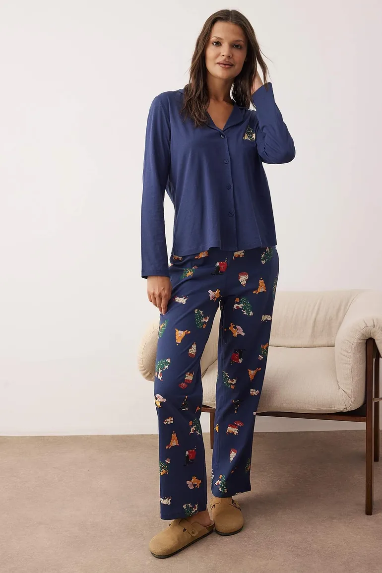 Navy Blue New Year's Single Jersey Knitted Pajamas Set