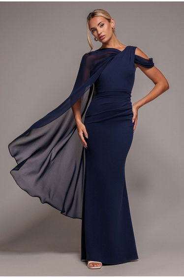 One Shoulder Chiffon Cape Crepe Maxi Dress - Navy Blue by Goddiva
