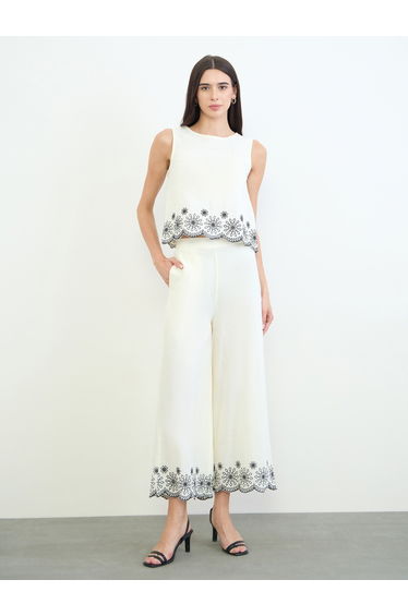 Off White Embroidered Top and Wide Leg Pants Set
