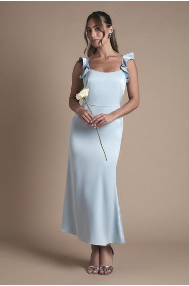 Ruffle Square Neck Satin Bridesmaid Midi Dress