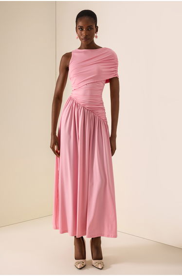 Solid Ruched Asymmetric Maxi Dress