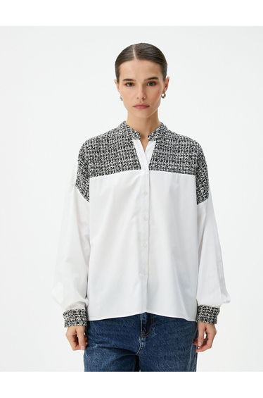 Long Sleeve Poplin Shirt Tweed Detailed Large Collar Buttoned Cotton