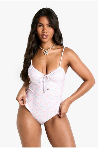 Shell Print Pearl Trim Underwire Swimsuit - cream
