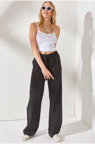 Women's Black Elastic Waist and Laced Palazzo Linen Trousers