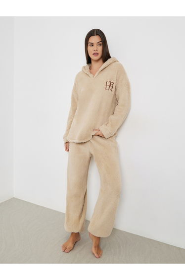 Embroidered Slogan Fleece Hoodie and Joggers Set