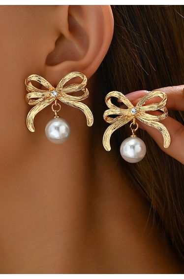 Double Layered Bowknot and Pearl Earrings in Gold