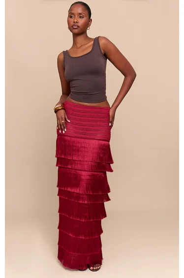 Deep Red Premium Textured Tassel Trimmed Maxi Skirt