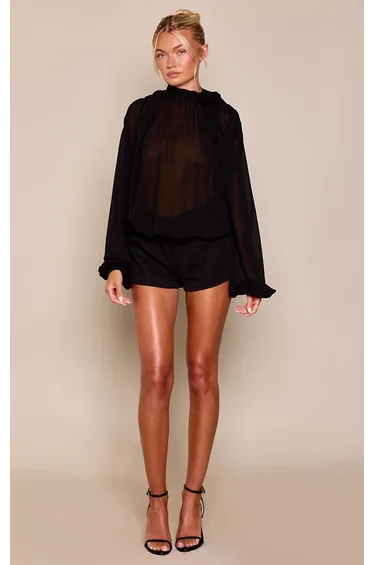 Black Chiffon Balloon Sleeve Playsuit