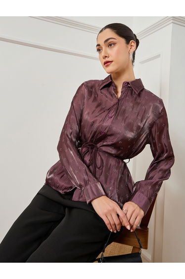 Burgundy Waist-Tie Embellished Shirt