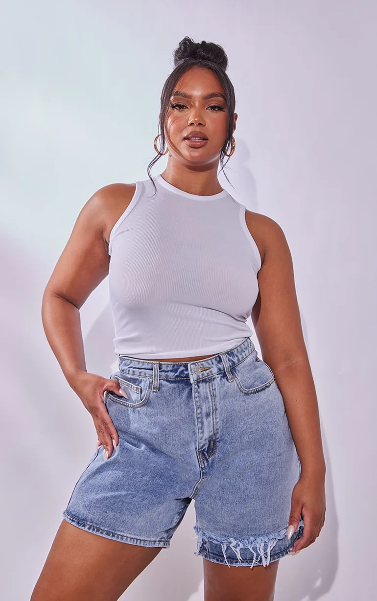 Plus Light Blue Wash Distressed Longline Denim Shorts - 3
