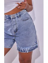 Plus Light Blue Wash Distressed Longline Denim Shorts - 4