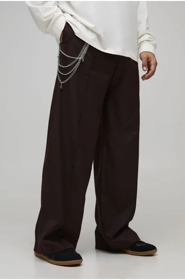 Baggy Fit Check Pin-tuck Smart Trouser With Chain - chocolate