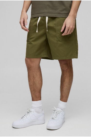 Elasticated Baggy Twill Split Hem Shorts - khaki