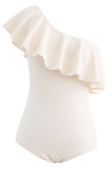 Oblique Shoulder Ruffle Trim One-Piece Swimsuit