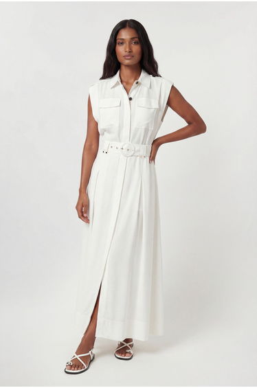 Premium Viscose Linen Belted Woven Maxi Dress With Gold Hardware Detail