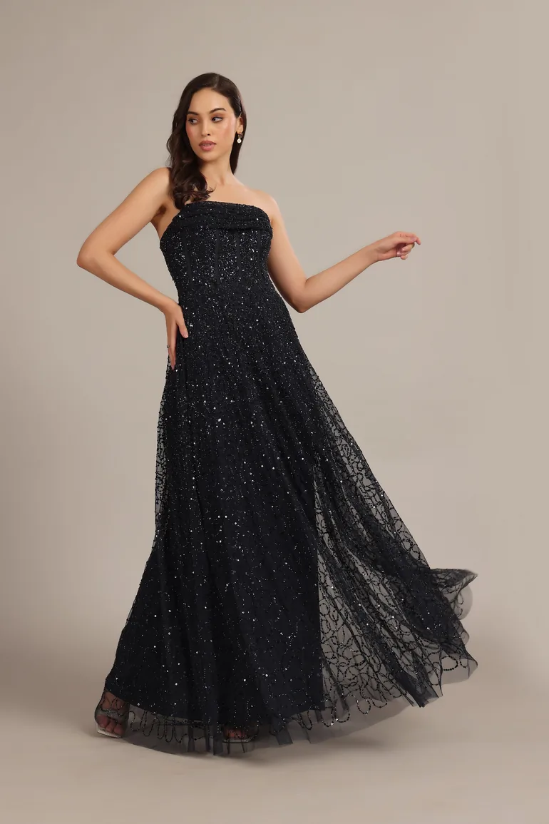 Leona Embellished Maxi Dress in Navy Blue