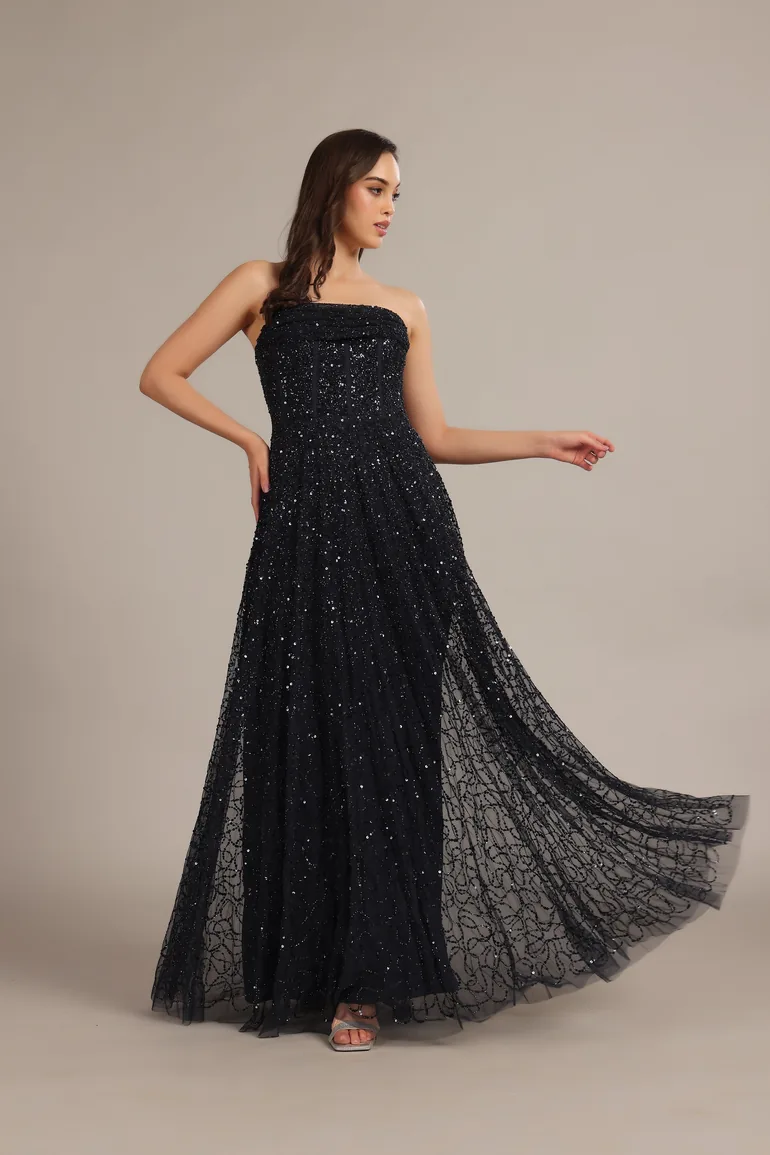 Leona Embellished Maxi Dress in Navy Blue - 2