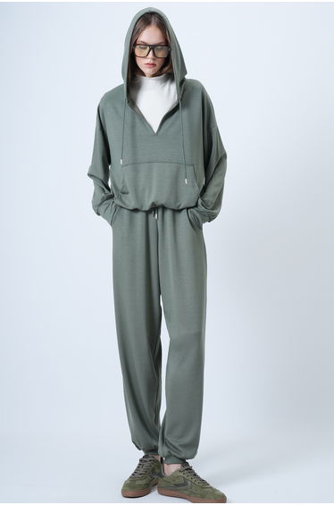 Women's khaki hooded v-neck oversize modal sweatshirt and pants set