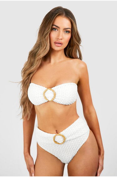 Bamboo Ring Textured Bandeau Bikini Top - white