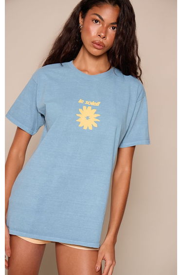 Baby Blue El Soleil Graphic Oversized Cotton T-Shirt