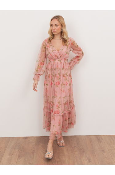 Anaya With Love Recycled Pink Floral Print Faux Wrap Maxi Sleeve Midaxi Dress