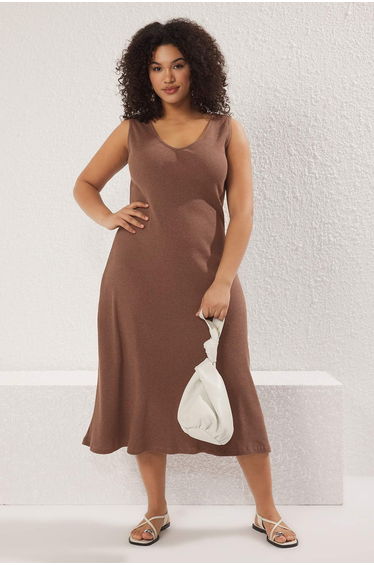 Brown Camisole Knitted Plus Size Dress