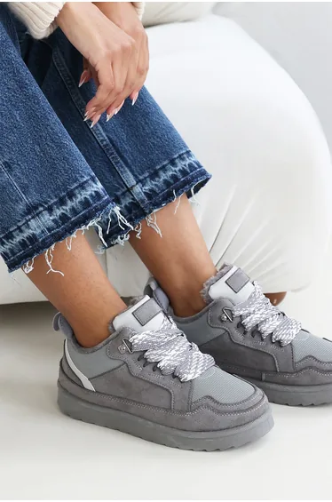 Umber Grey Suede Low Top Trainer Slipper with Faux fur lining