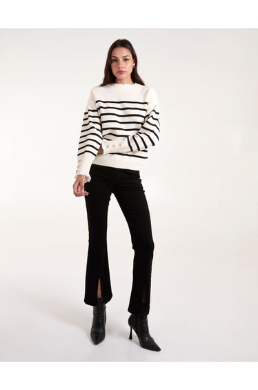Horizontal Stripes Bow Button Detailed Jumper