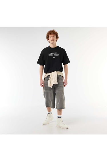 Solid Cotton T-Shirt with Front and Back Prints BLACK