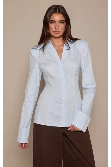 Light Blue Cotton Cinched Cuff Detail Shoulder Pad Shirt