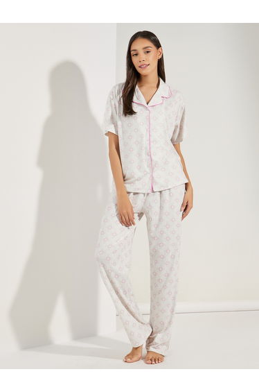 All Over Print Drop Shoulder Contrast Piped Shirt and Pyjama Set