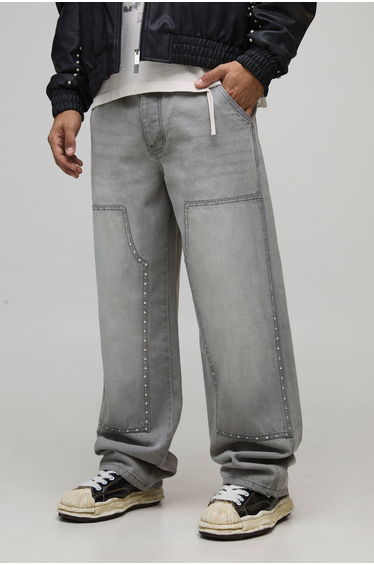 Relaxed Fit Carpenter Studded Jeans - light grey