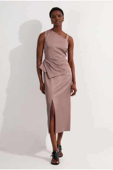 Petite Premium Viscose Linen Asymmetric Neck Tailored Pencil Maxi Dress