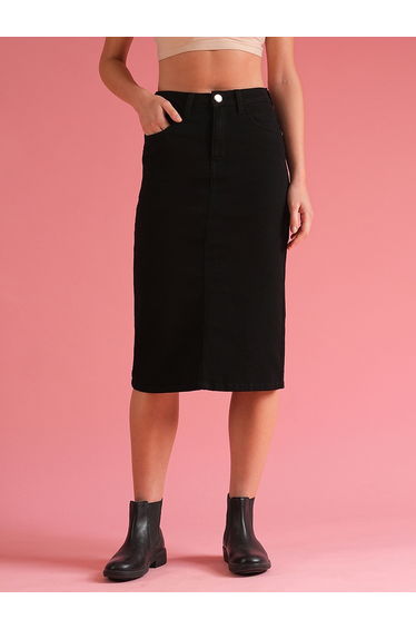 Solid High Rise Pencil Midi Skirt with Pockets