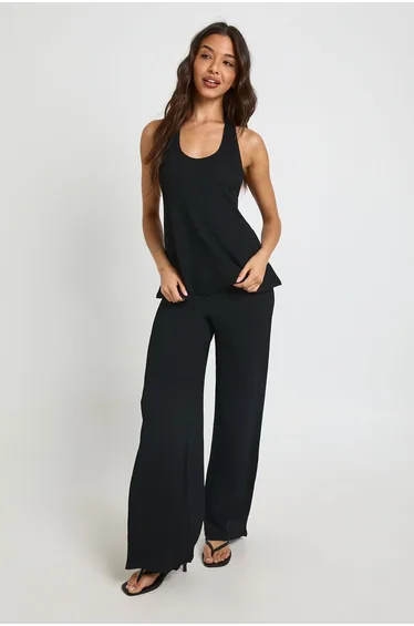 Crinkle Scoop Neck Vest Wide Leg Trouser Co ord - black