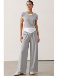 Contrast Round Neck Short Sleeve T-Shirt And Ruched Wide Leg Pants