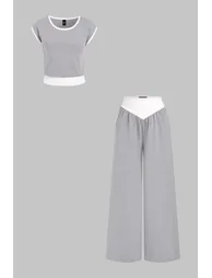 Contrast Round Neck Short Sleeve T-Shirt And Ruched Wide Leg Pants - 1