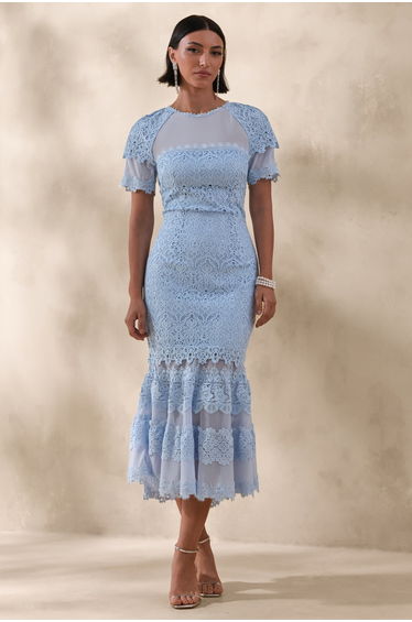 Leanne | Powder Blue Mesh And Lace Crew-Neck Fishtail Dress