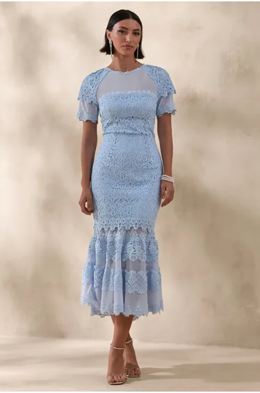 Leanne | Powder Blue Mesh And Lace Crew-Neck Fishtail Dress