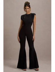 Elyna | Black High-Neck Draped Flared-Leg Jumpsuit - 3