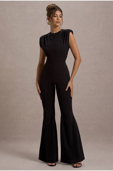 Elyna | Black High-Neck Draped Flared-Leg Jumpsuit