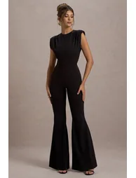 Elyna | Black High-Neck Draped Flared-Leg Jumpsuit